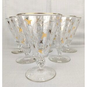 Vtg Libbey Royal Fern Glasses Fleur-De-Lis MCM Clear Goblet 22K Gold Rim Set/6